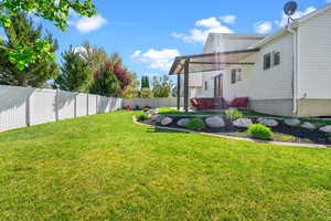 View of yard featuring a fenced backyard and a patio