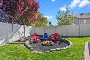 View of yard with a fire pit and a fenced backyard