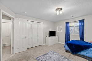 Bedroom with visible vents, carpet floors, a closet, baseboards, and a textured ceiling