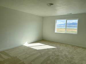 Empty room with baseboards, visible vents, a textured ceiling, and light colored carpet