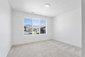 Carpeted empty room with a mountain view, baseboards, and visible vents