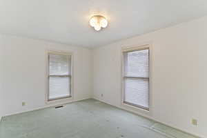 Spare room featuring visible vents, a textured ceiling, baseboards, and light carpet