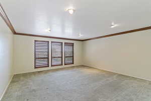Carpeted empty room featuring baseboards and ornamental molding