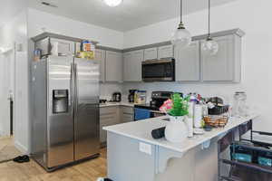Kitchen featuring light wood finished floors, visible vents, a peninsula, gray cabinetry, and appliances with stainless steel finishes