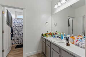 Bathroom featuring baseboards, wood finished floors, a shower with shower curtain, and vanity
