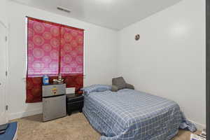 Bedroom featuring visible vents, carpet flooring, and baseboards