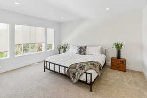 Bedroom featuring baseboards, multiple windows, and carpet flooring
