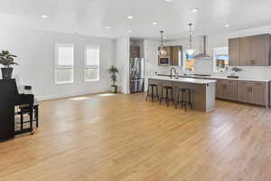Kitchen with a kitchen breakfast bar, wall chimney exhaust hood, tasteful backsplash, a sink, and appliances with stainless steel finishes