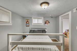 Bedroom featuring a textured ceiling, visible vents, baseboards, and carpet