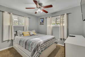 Carpeted bedroom featuring baseboards, ceiling fan, and multiple windows
