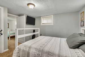Carpeted bedroom featuring a textured ceiling