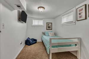 Carpeted bedroom featuring baseboards, a textured ceiling, and visible vents