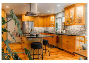 Kitchen with appliances with stainless steel finishes, a sink, light wood-style flooring, island exhaust hood, and backsplash