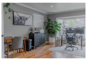 Office area with crown molding, recessed lighting, and wood finished floors