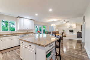 Kitchen with a sink, ceiling fan, a center island, light wood-type flooring, and dishwasher