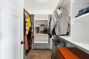 Walk in closet with carpet flooring