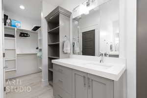 Primary Bathroom with vanity, a walk in closet, and wood look tile floors
