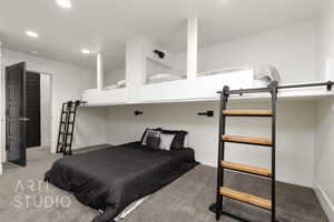 4th Bedroom (BUNKROOM) with recessed lighting, carpet flooring, and custom ladders and private exterior entrance