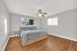 Bedroom featuring baseboards, multiple windows, and wood finished floors