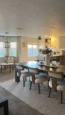 Carpeted dining space with plenty of natural light and a textured ceiling