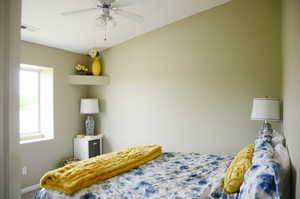 Bedroom with baseboards, a ceiling fan, carpet flooring, and visible vents