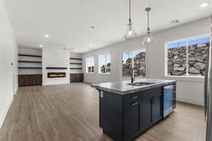 Kitchen featuring baseboards, light wood-type flooring, a sink, and dishwasher