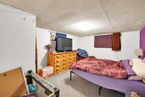 Bedroom with carpet floors and a textured ceiling