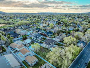 Aerial view at dusk with a residential view