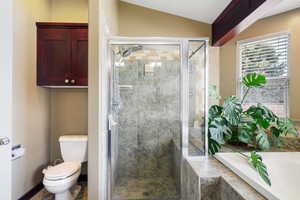 Full bathroom featuring a garden tub, lofted ceiling, a stall shower, and toilet