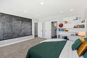 Bedroom with carpet flooring, recessed lighting, and baseboards