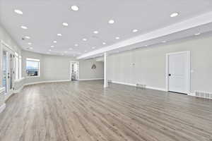 Unfurnished living room featuring recessed lighting, visible vents, and light wood finished floors
