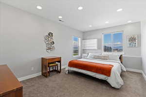 Bedroom with baseboards, carpet flooring, visible vents, and recessed lighting