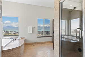 Bathroom featuring a tub, tile patterned flooring, a stall shower, and a wealth of natural light
