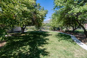 View of yard featuring fence and a mountain view