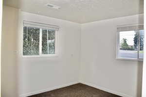 Unfurnished room with plenty of natural light, dark colored carpet, a textured ceiling, and visible vents