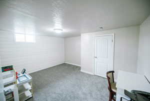 Unfurnished office with baseboards, carpet flooring, a textured ceiling, and visible vents