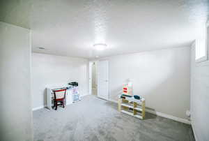 Game room featuring carpet floors, a textured ceiling, and baseboards