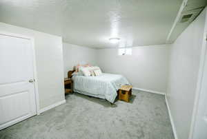Bedroom with carpet floors, a textured ceiling, baseboards, and visible vents