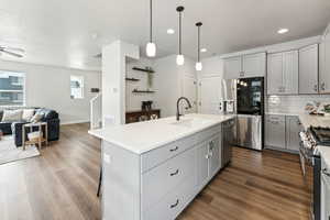 Kitchen featuring a sink, stainless steel appliances, open floor plan, wood finished floors, and gray cabinetry