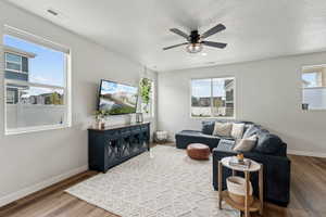 Living room with baseboards, visible vents, plenty of natural light, and wood finished floors