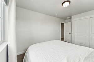 Bedroom featuring a closet, baseboards, and dark colored carpet