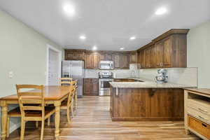 Kitchen featuring appliances with stainless steel finishes, a sink, a peninsula, light wood finished floors, and recessed lighting