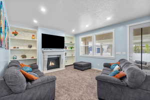 Living room featuring carpet, a textured ceiling, and a healthy amount of sunlight