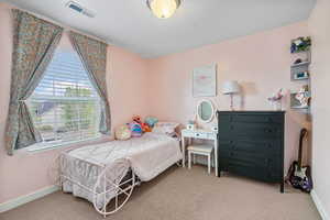 Bedroom featuring carpet floors, baseboards, and visible vents