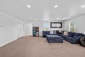Living area featuring baseboards, light carpet, recessed lighting, and a textured ceiling
