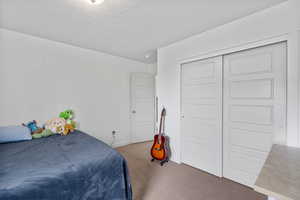 Carpeted bedroom featuring a textured ceiling, baseboards, and a closet
