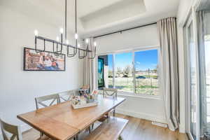 Dining room with baseboards, visible vents, light wood-style flooring, and a raised ceiling