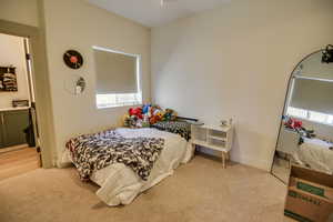 Bedroom featuring multiple windows and light colored carpet
