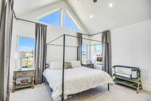 Bedroom featuring high vaulted ceiling, multiple windows, and carpet