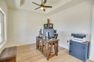 Office featuring baseboards, a raised ceiling, light wood finished floors, and ceiling fan